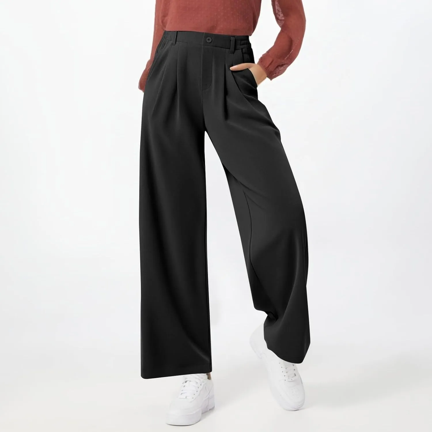 Petite Dress Pants for Women Wide Leg Palazzo Pants Business Casual Elastic High Waisted Work Pant with Pockets