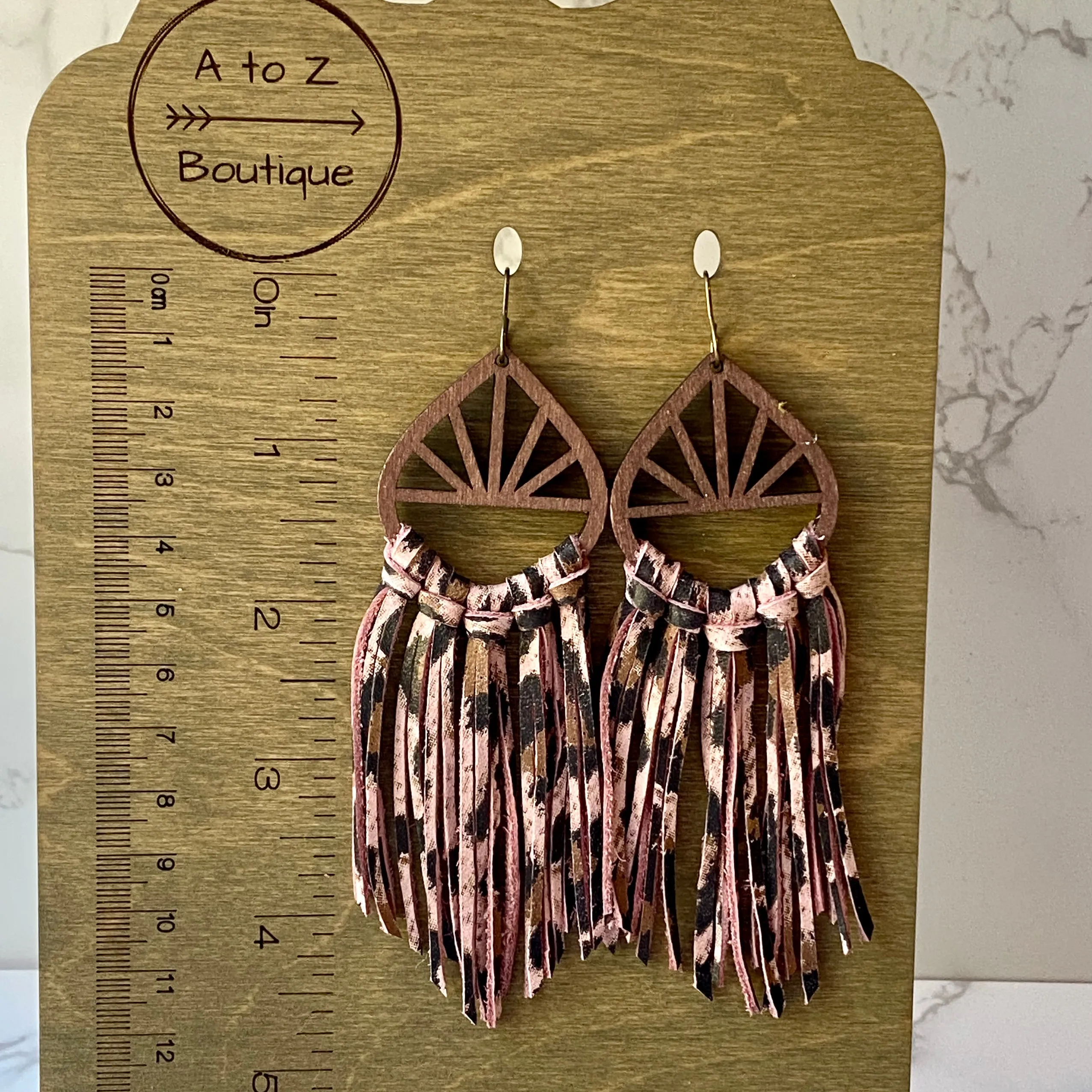 Pink Leopard Print Leather Fringe Wood Hoop Earrings