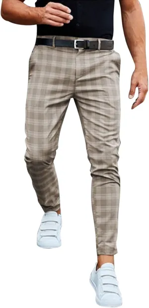 Plaid Pants for Men Slim Fit Fashion Skinny Stretch Dress Pants Casual Business Suit Pants Flat-Front Chinos Trousers Khaki