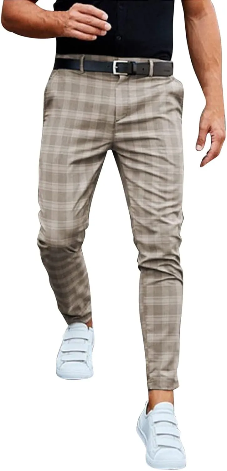 Plaid Pants for Men Slim Fit Fashion Skinny Stretch Dress Pants Casual Business Suit Pants Flat-Front Chinos Trousers Khaki