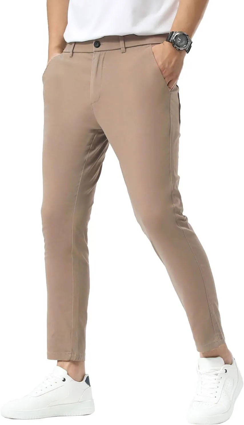 Plaid&Plain Men's Slim Fit Khaki Pants Stretch Cropped Chino Skinny Pants