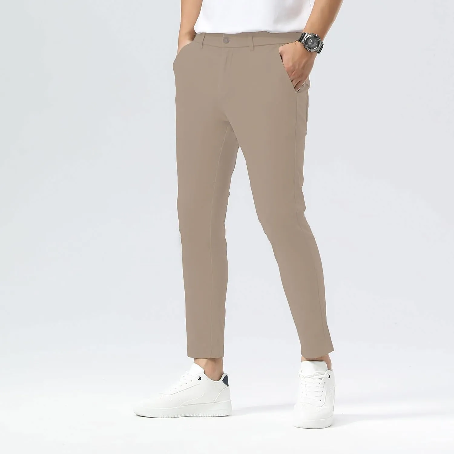 Plaid&Plain Men's Slim Fit Khaki Pants Stretch Cropped Chino Skinny Pants