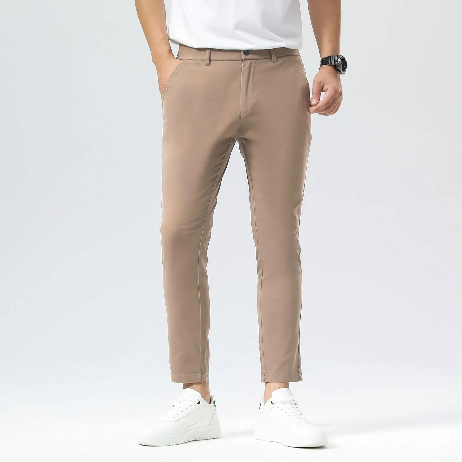 Plaid&Plain Men's Slim Fit Khaki Pants Stretch Cropped Chino Skinny Pants