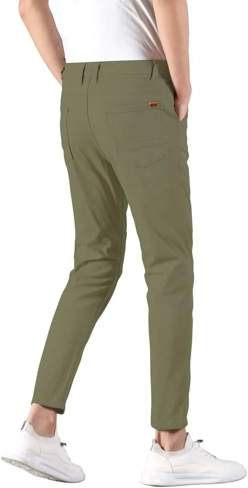 Plaid&Plain Men's Slim Fit Khaki Pants Stretch Cropped Chino Skinny Pants