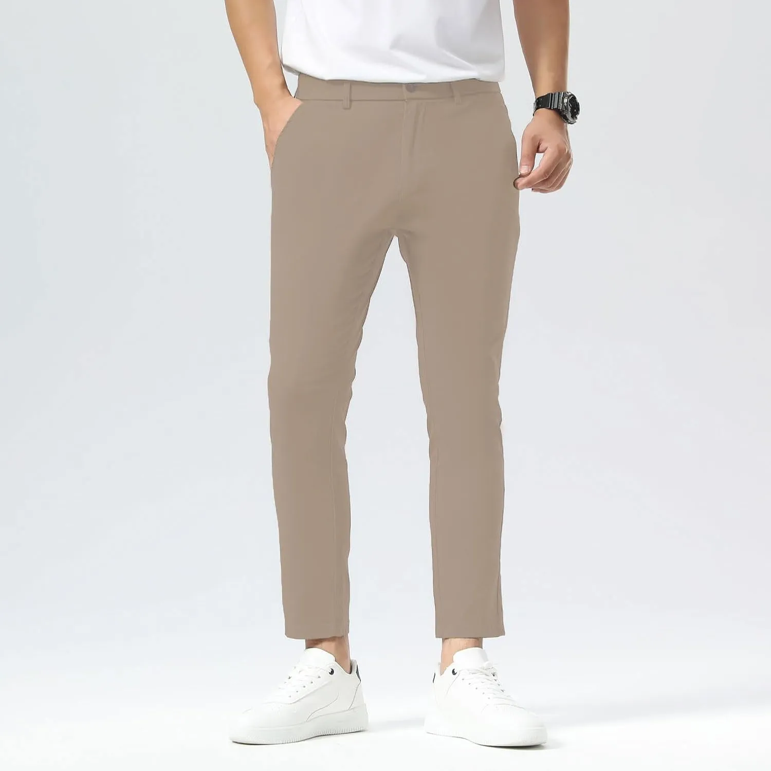 Plaid&Plain Men's Slim Fit Khaki Pants Stretch Cropped Chino Skinny Pants