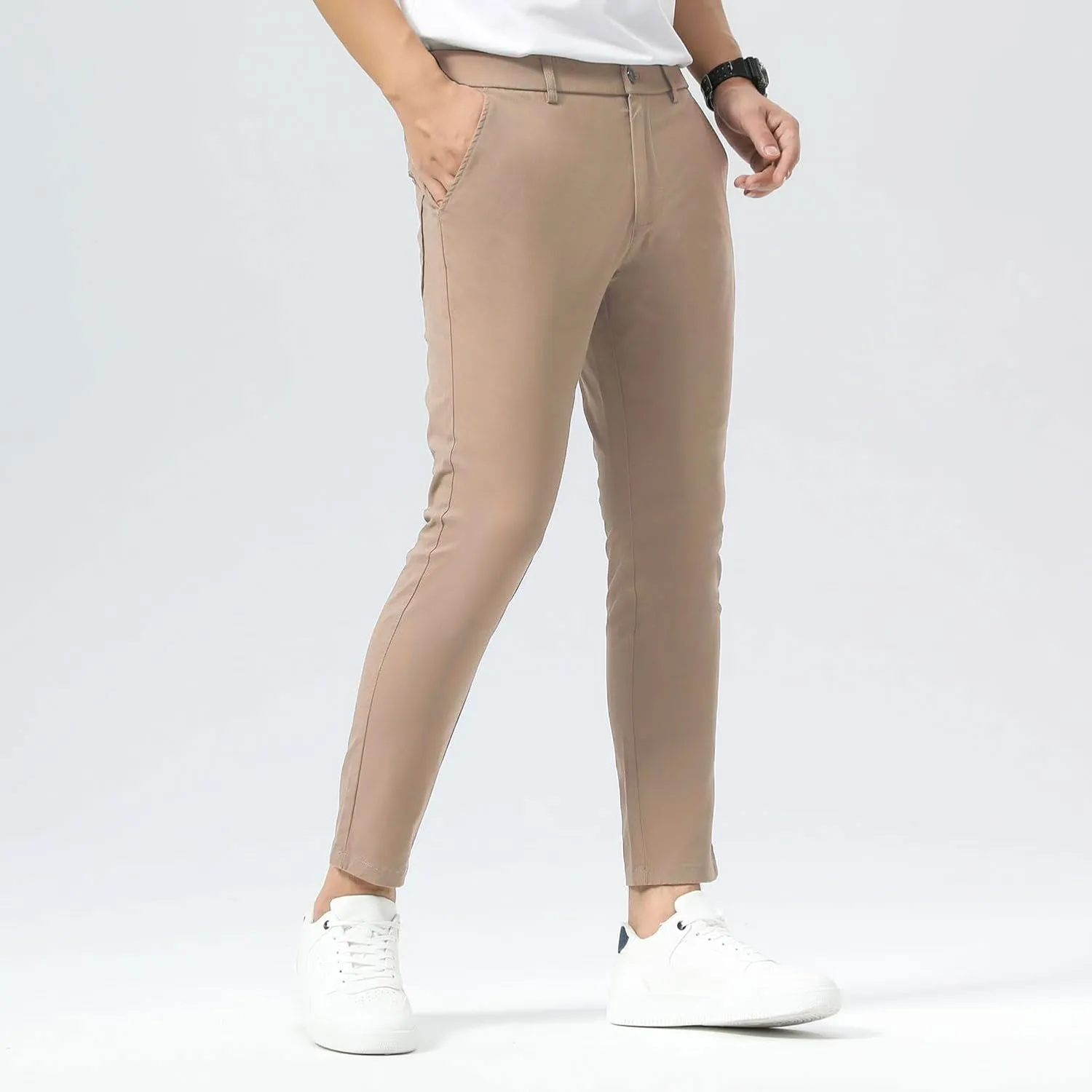 Plaid&Plain Men's Slim Fit Khaki Pants Stretch Cropped Chino Skinny Pants