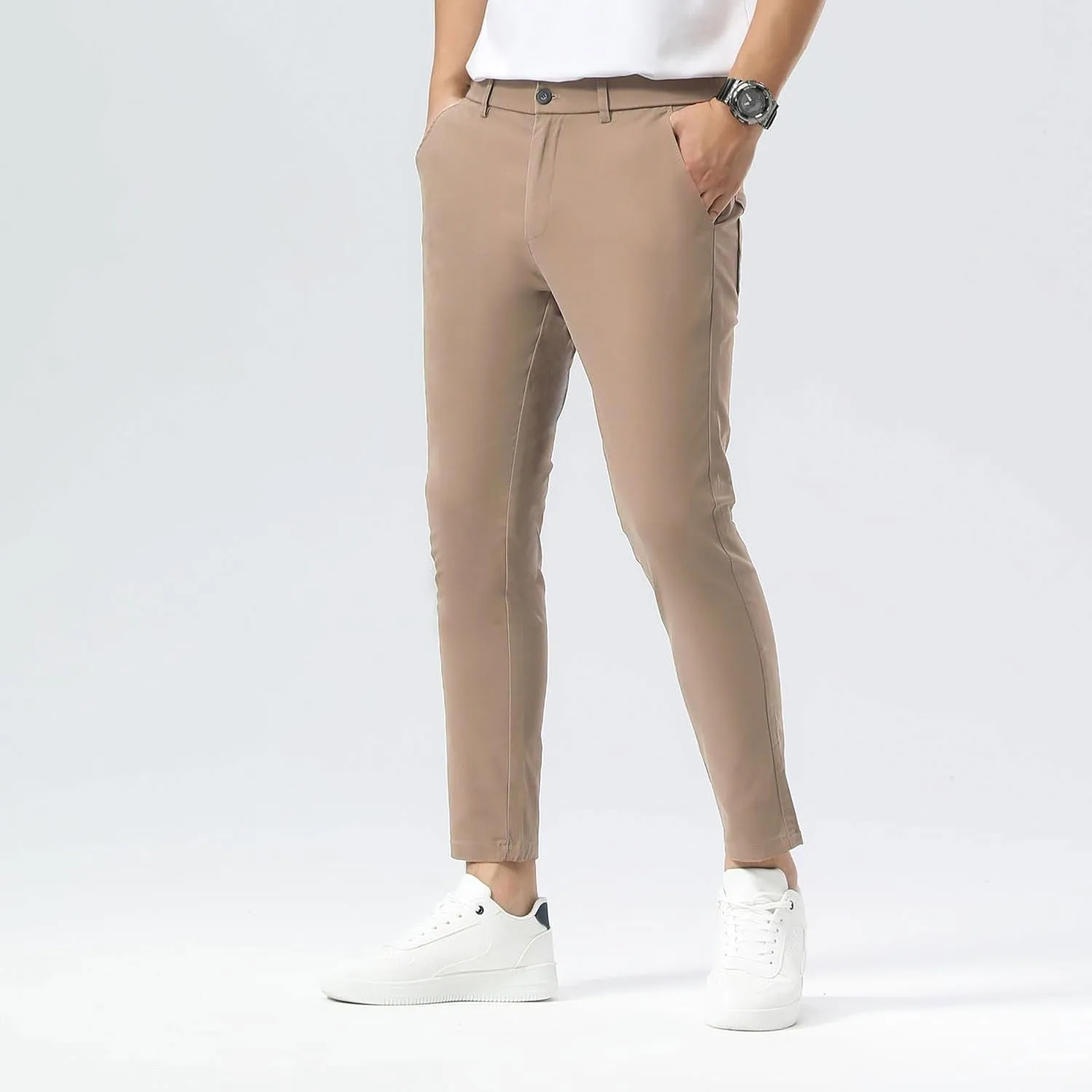 Plaid&Plain Men's Slim Fit Khaki Pants Stretch Cropped Chino Skinny Pants