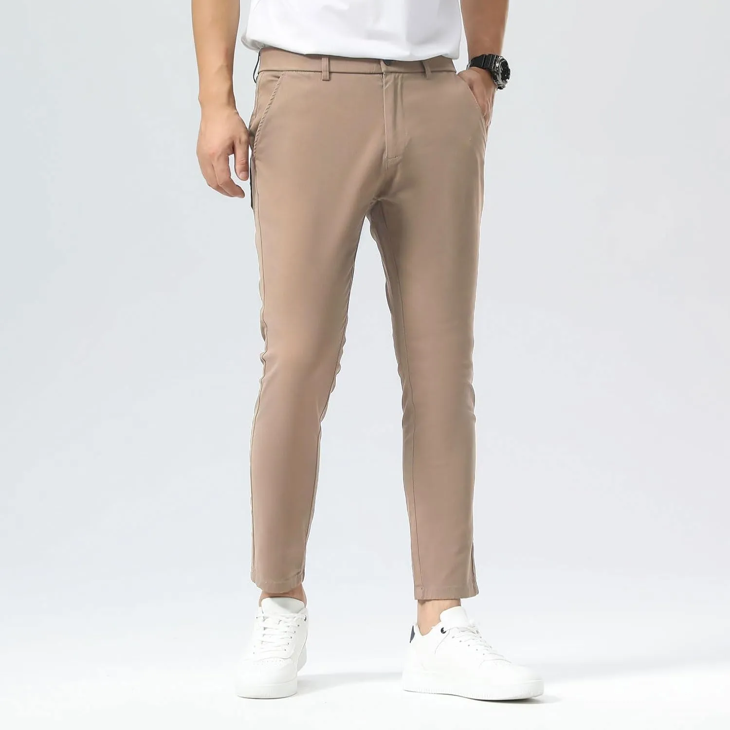 Plaid&Plain Men's Slim Fit Khaki Pants Stretch Cropped Chino Skinny Pants
