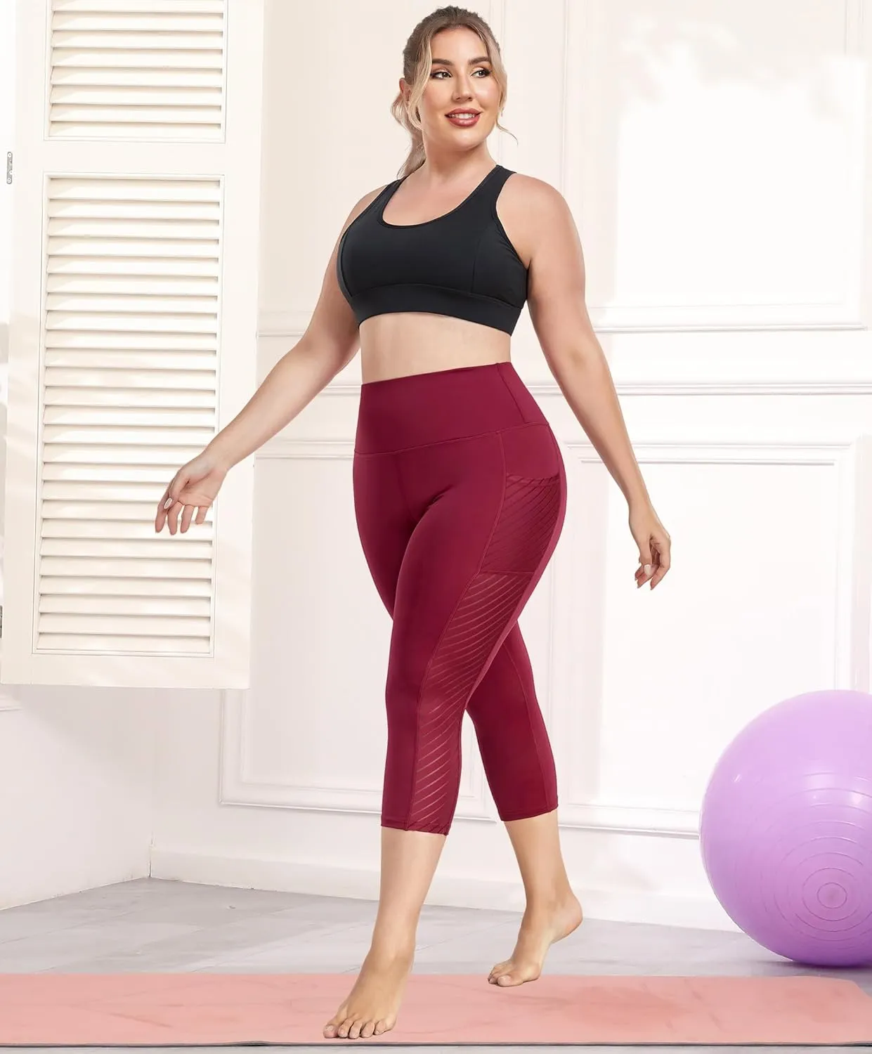 Plus Size Capri Leggings for Women with Pockets L-5X Workout Leggings Black Mesh Yoga Pants High Waisted Tummy Control