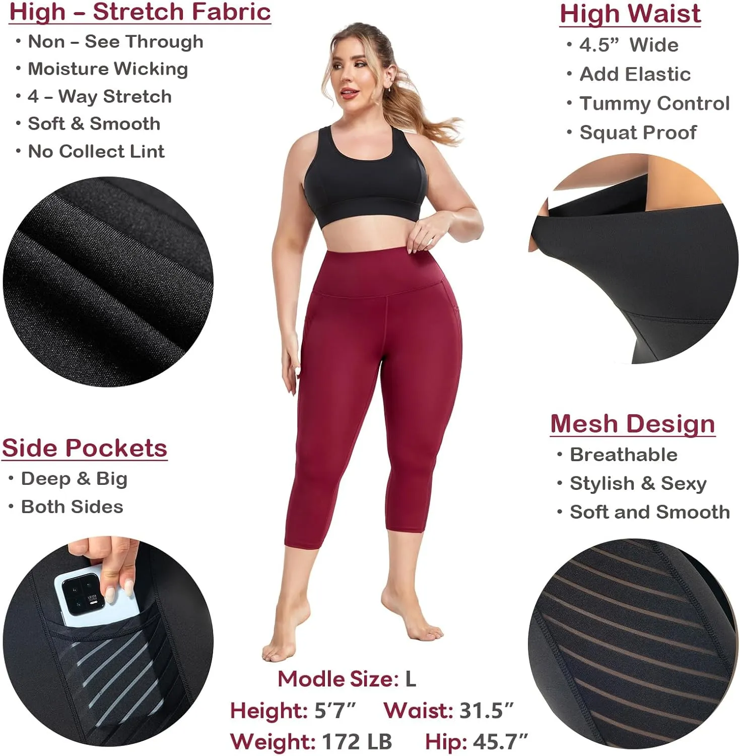 Plus Size Capri Leggings for Women with Pockets L-5X Workout Leggings Black Mesh Yoga Pants High Waisted Tummy Control