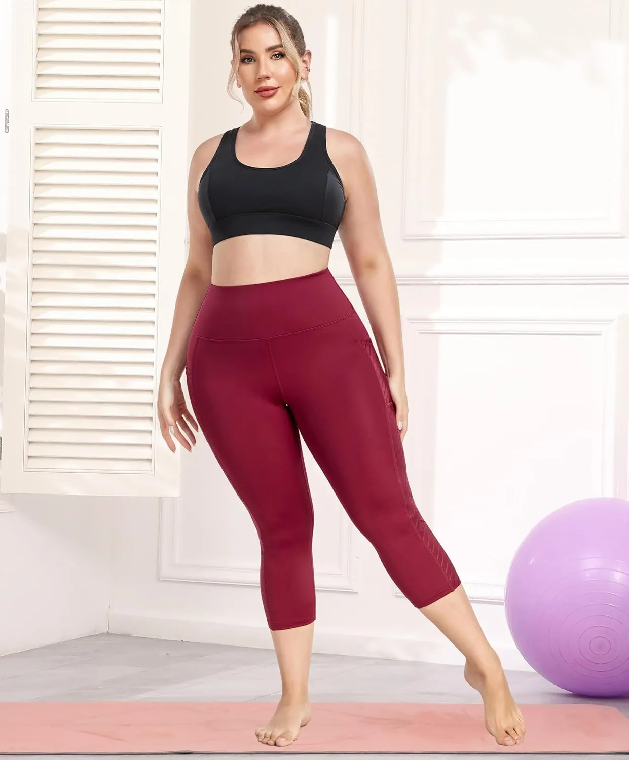 Plus Size Capri Leggings for Women with Pockets L-5X Workout Leggings Black Mesh Yoga Pants High Waisted Tummy Control
