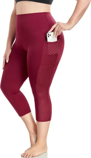Plus Size Capri Leggings for Women with Pockets L-5X Workout Leggings Black Mesh Yoga Pants High Waisted Tummy Control