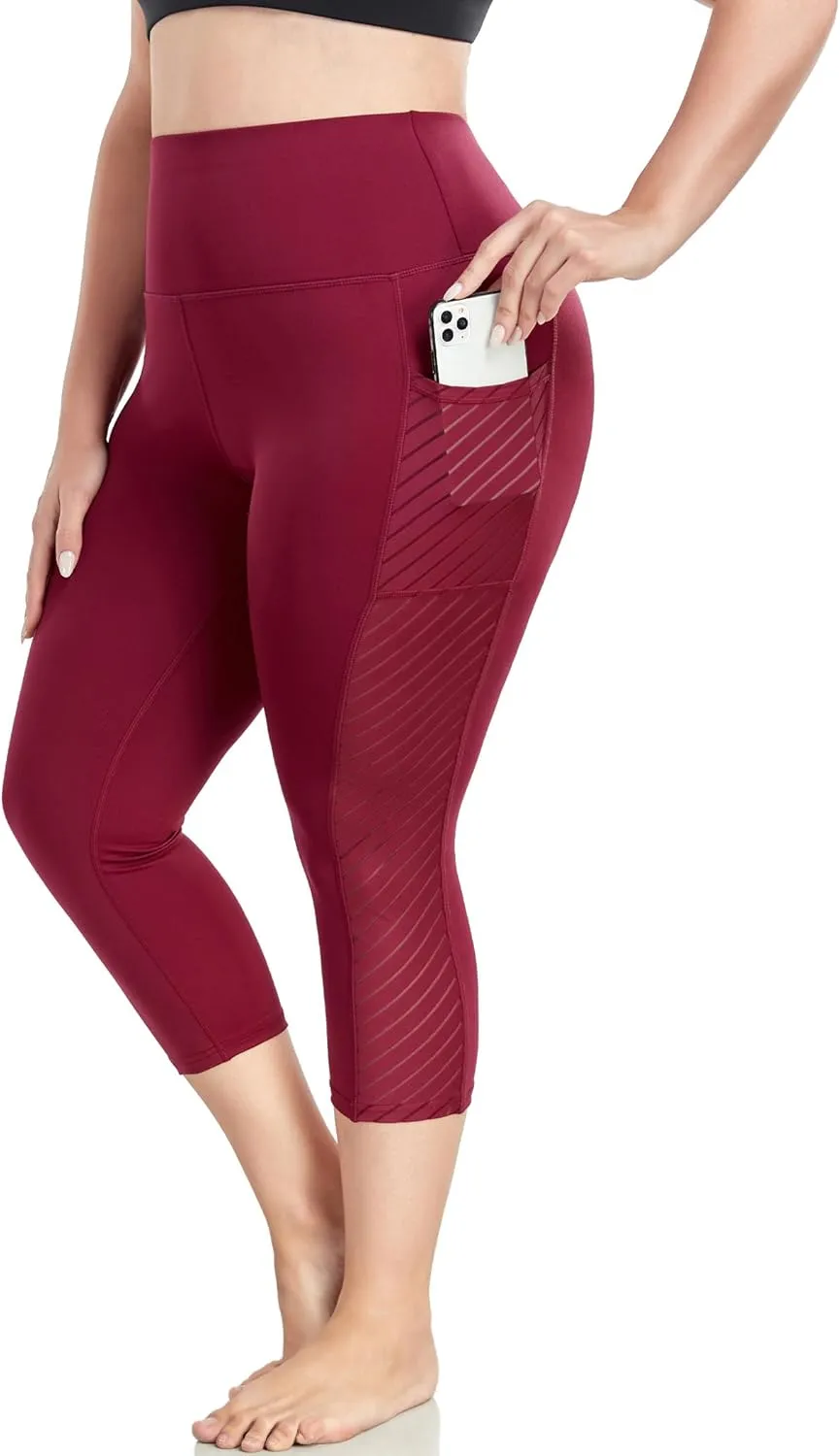 Plus Size Capri Leggings for Women with Pockets L-5X Workout Leggings Black Mesh Yoga Pants High Waisted Tummy Control