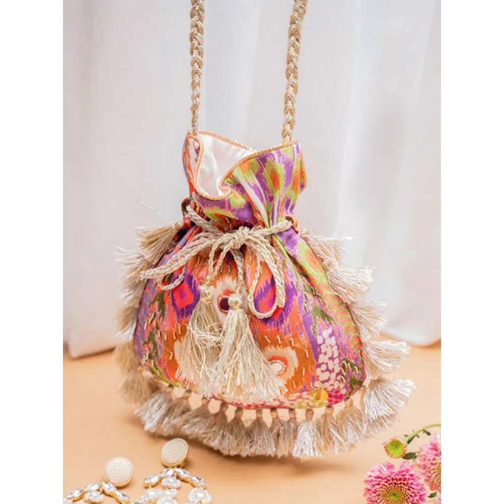 PS Accessories by Payal Singhal Payal Singhal African Print Multi Colour Crepe Embroidered Potli