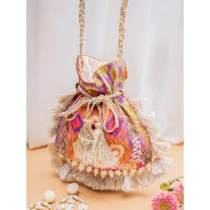 PS Accessories by Payal Singhal Payal Singhal African Print Multi Colour Crepe Embroidered Potli