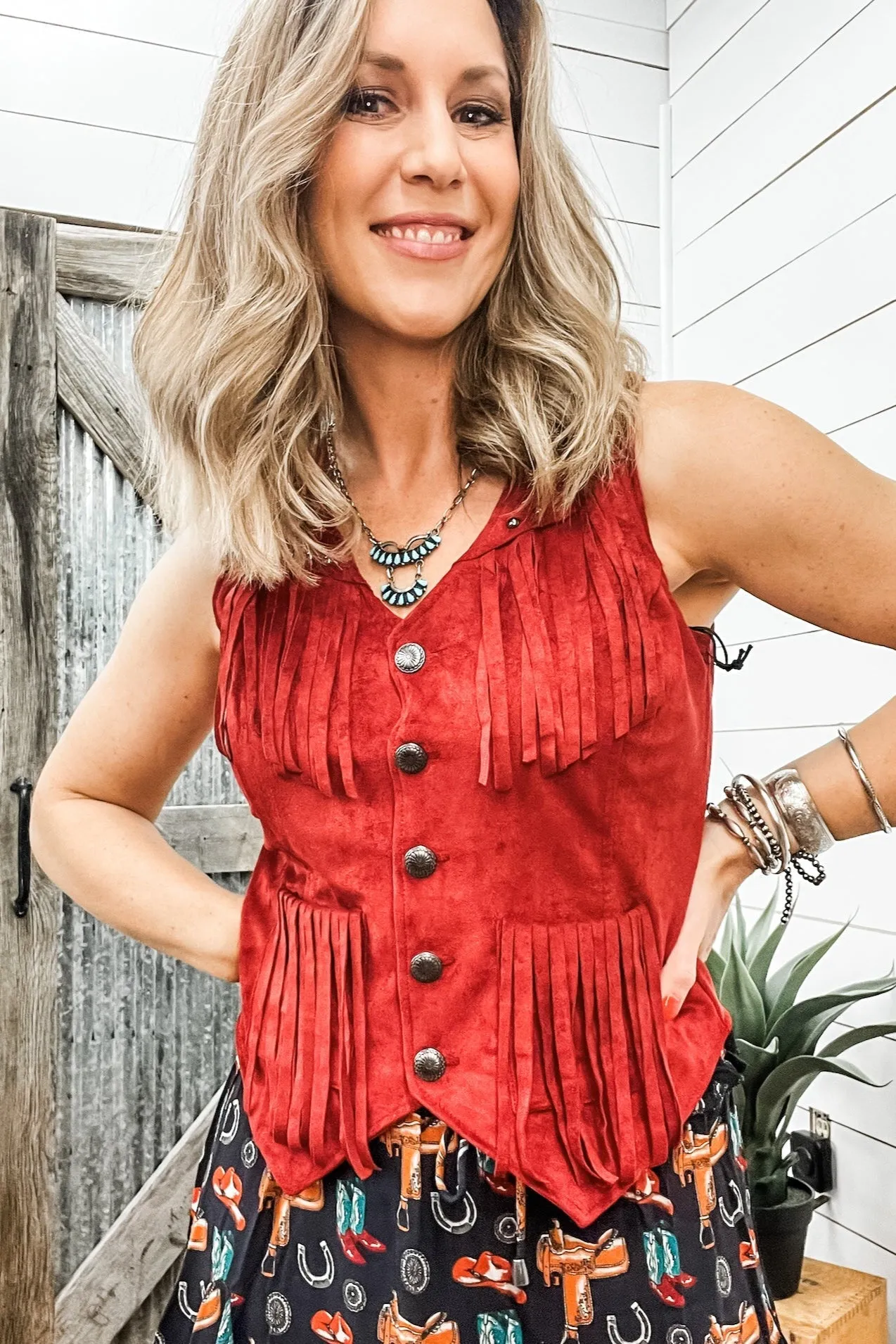 Red Studded Microsuede Vest