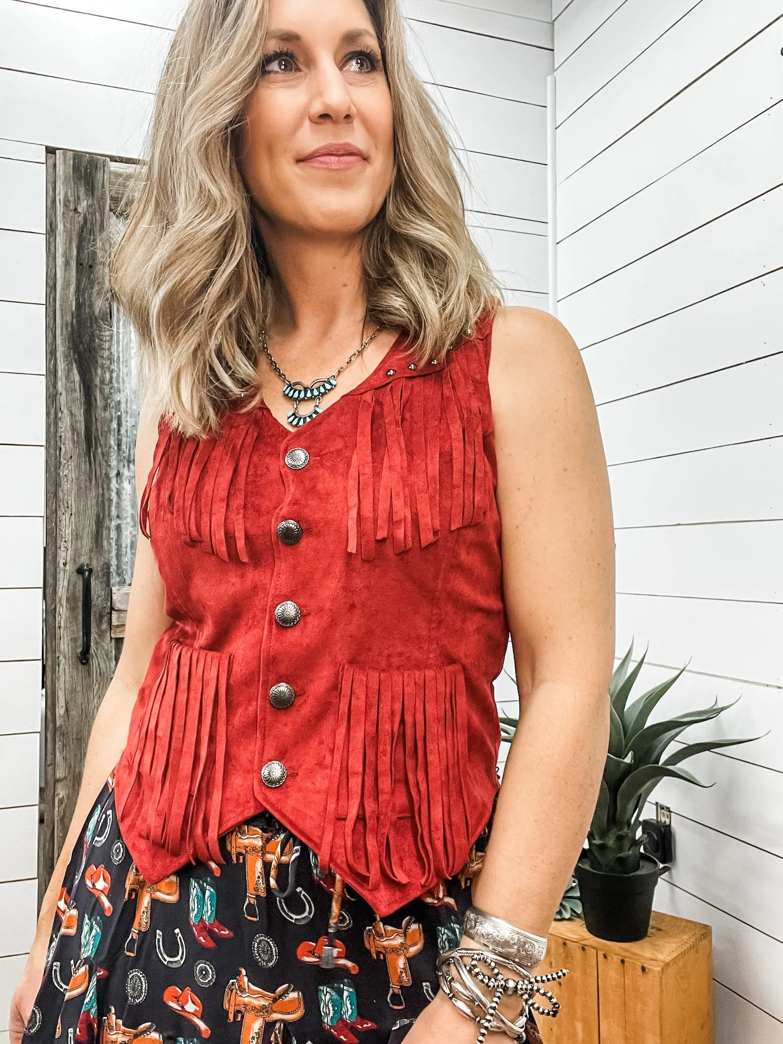 Red Studded Microsuede Vest
