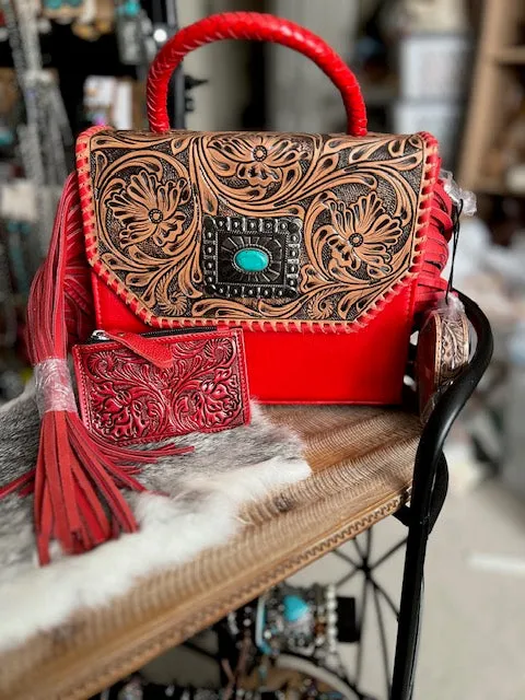 Red Tooled Leather Crossbody with Tooled Coin Wallet