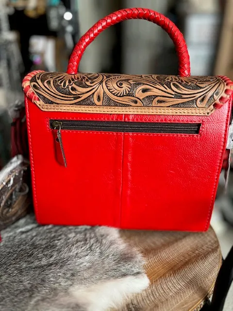 Red Tooled Leather Crossbody with Tooled Coin Wallet