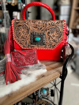 Red Tooled Leather Crossbody with Tooled Coin Wallet
