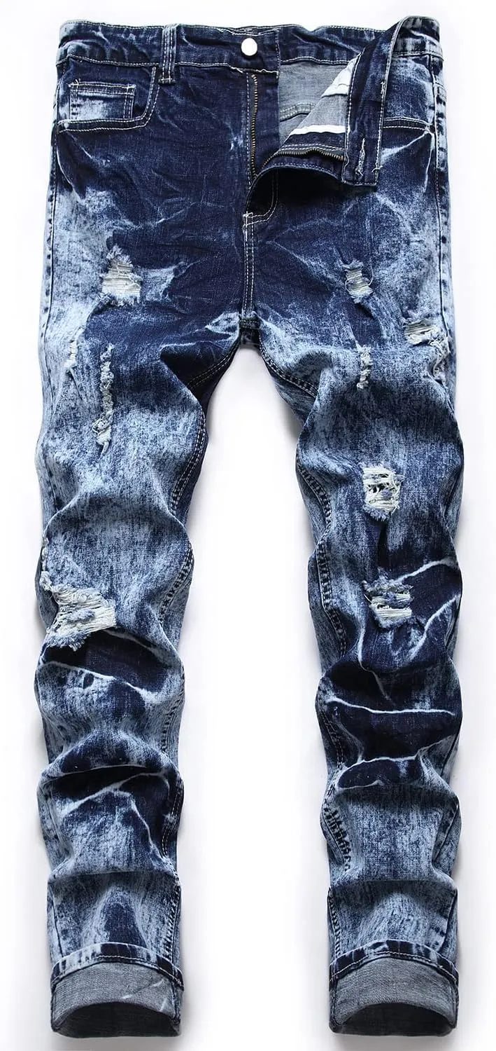 Ripped Jeans for Men Slim Denim Regular Fit Tapered Leg Distressed Destroyed Pants Mens Jeans with Hole