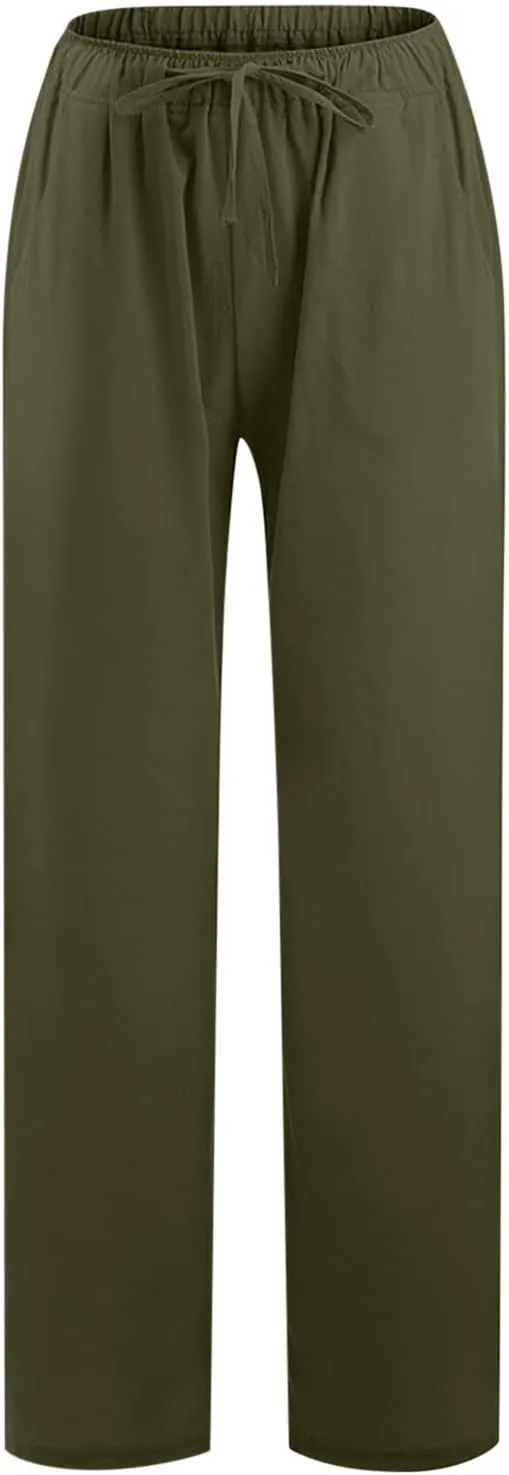 RKSTN Women's Cotton Linen Pants Summer Wide Leg Drawstring High Waist Palazzo Pant 2025 Casual Loose Trousers with Pockets