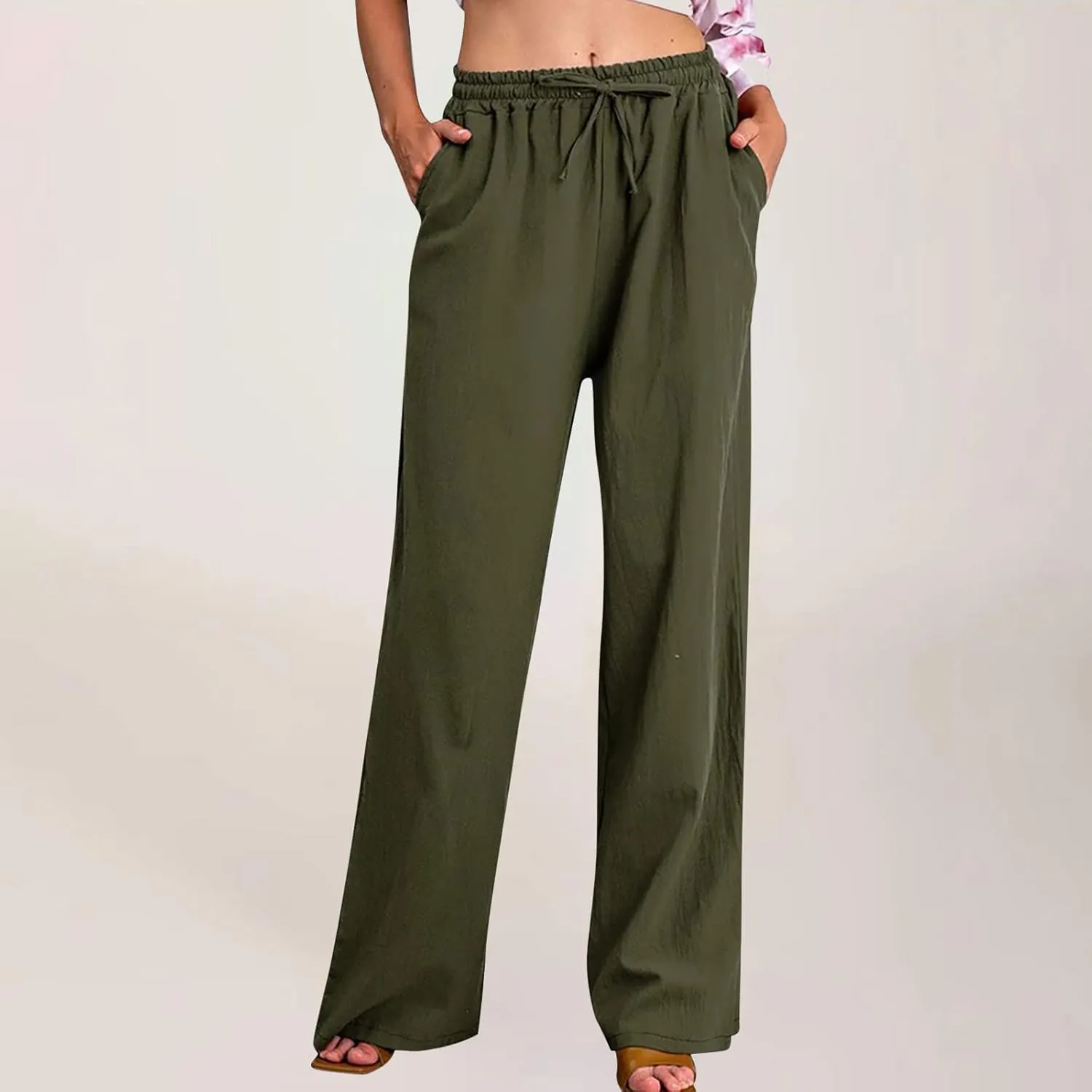 RKSTN Women's Cotton Linen Pants Summer Wide Leg Drawstring High Waist Palazzo Pant 2025 Casual Loose Trousers with Pockets