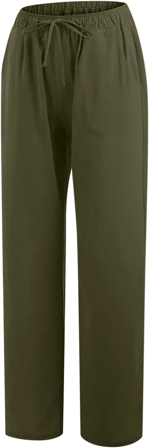 RKSTN Women's Cotton Linen Pants Summer Wide Leg Drawstring High Waist Palazzo Pant 2025 Casual Loose Trousers with Pockets