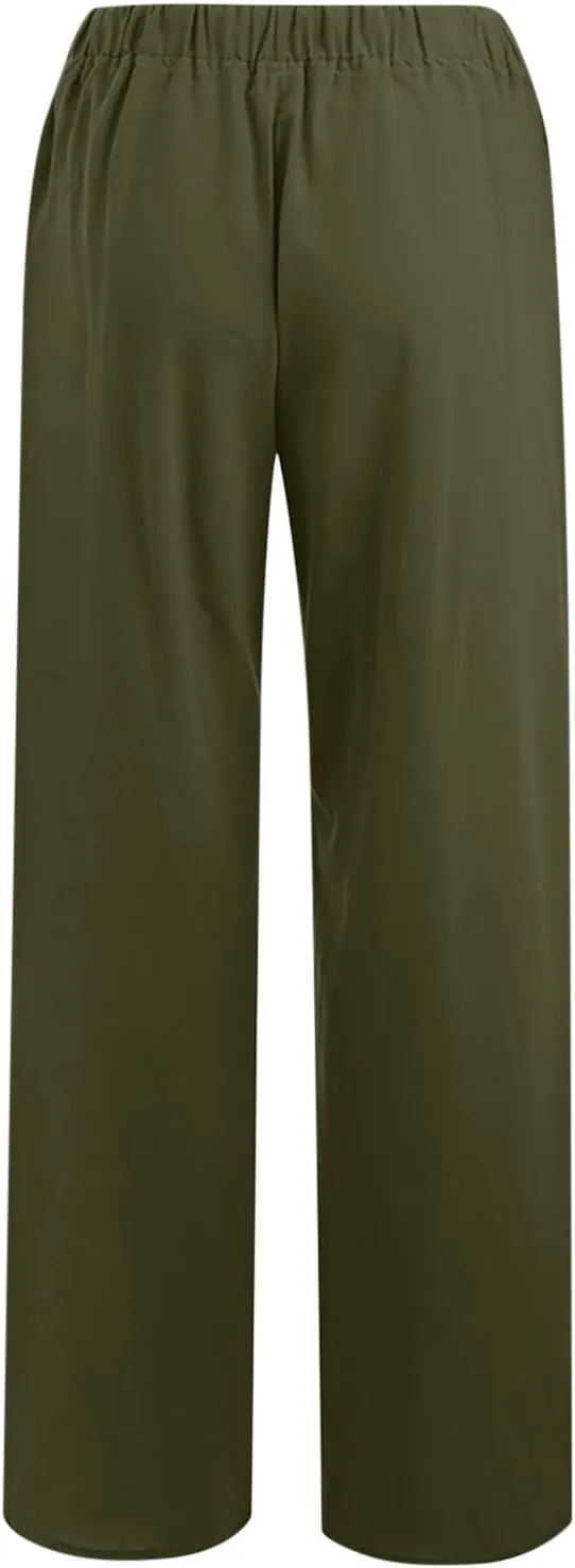 RKSTN Women's Cotton Linen Pants Summer Wide Leg Drawstring High Waist Palazzo Pant 2025 Casual Loose Trousers with Pockets