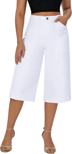 roswear Womens Wide Leg Capri Pants Stretchy High Waisted Loose Denim Jeans