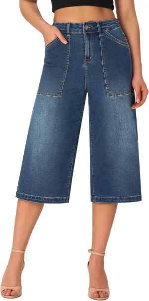 roswear Womens Wide Leg Capri Pants Stretchy High Waisted Loose Denim Jeans