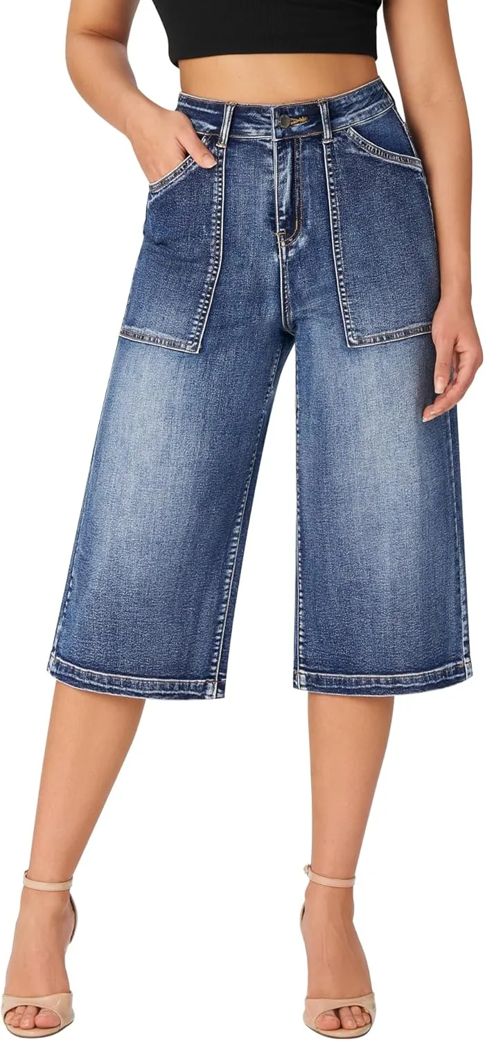 roswear Womens Wide Leg Capri Pants Stretchy High Waisted Loose Denim Jeans