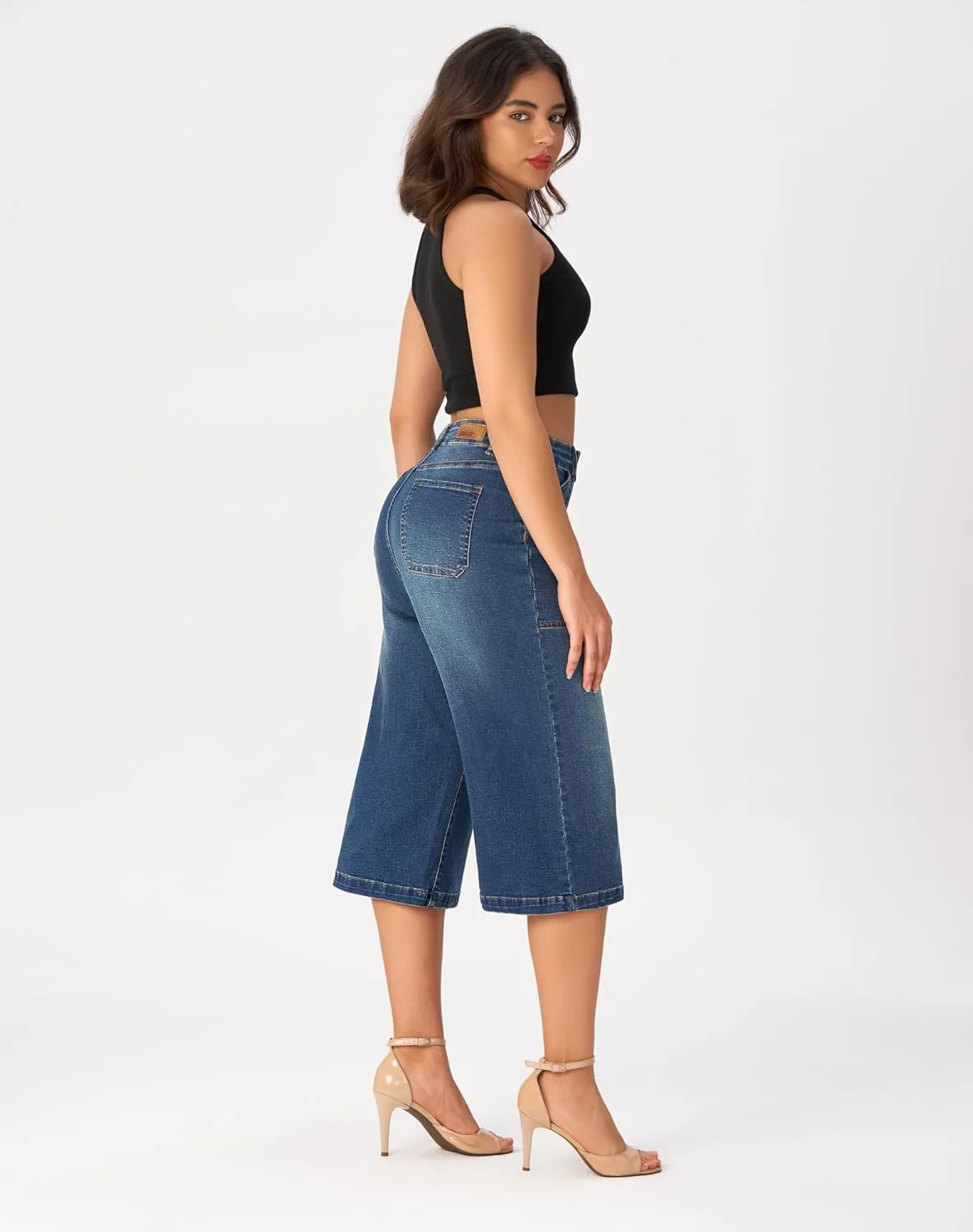 roswear Womens Wide Leg Capri Pants Stretchy High Waisted Loose Denim Jeans