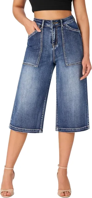 roswear Womens Wide Leg Capri Pants Stretchy High Waisted Loose Denim Jeans