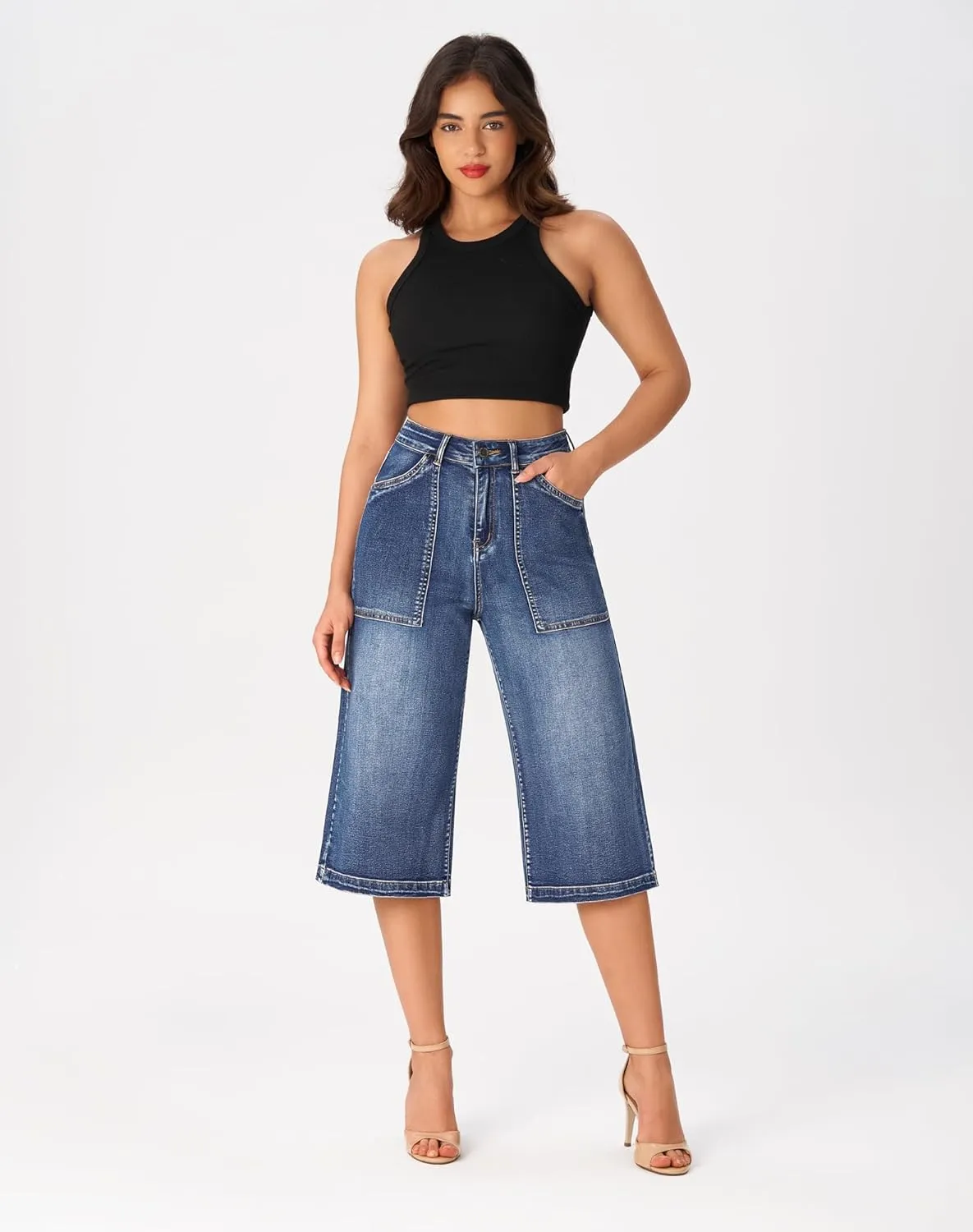 roswear Womens Wide Leg Capri Pants Stretchy High Waisted Loose Denim Jeans