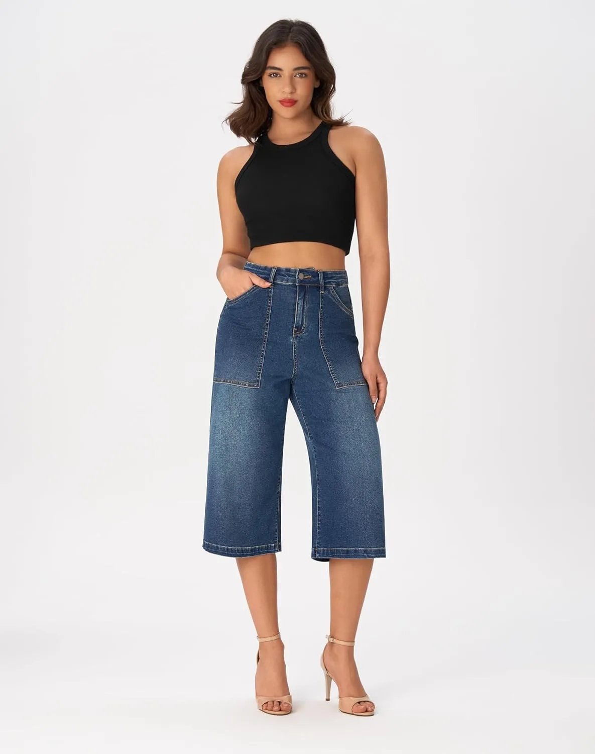 roswear Womens Wide Leg Capri Pants Stretchy High Waisted Loose Denim Jeans