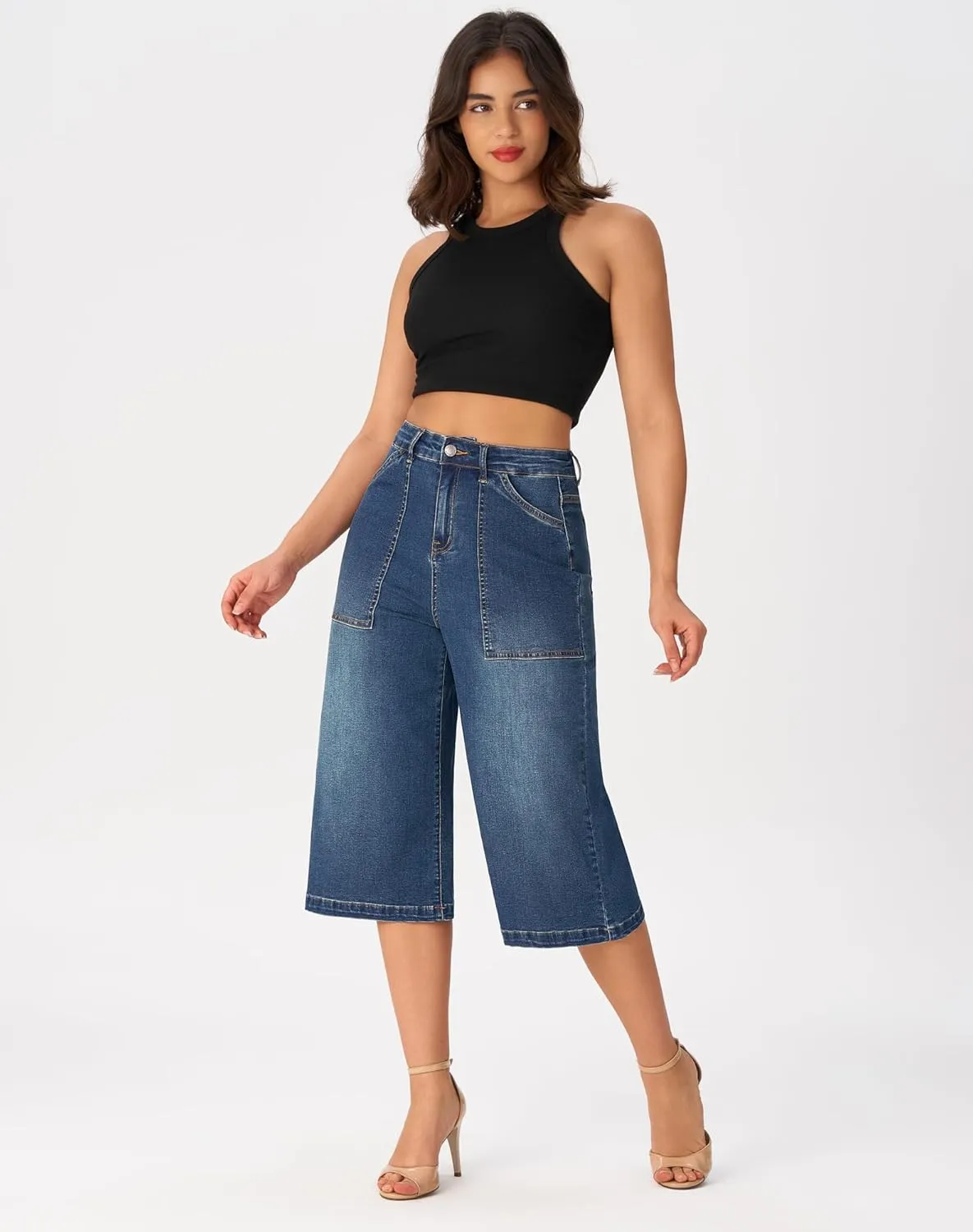 roswear Womens Wide Leg Capri Pants Stretchy High Waisted Loose Denim Jeans