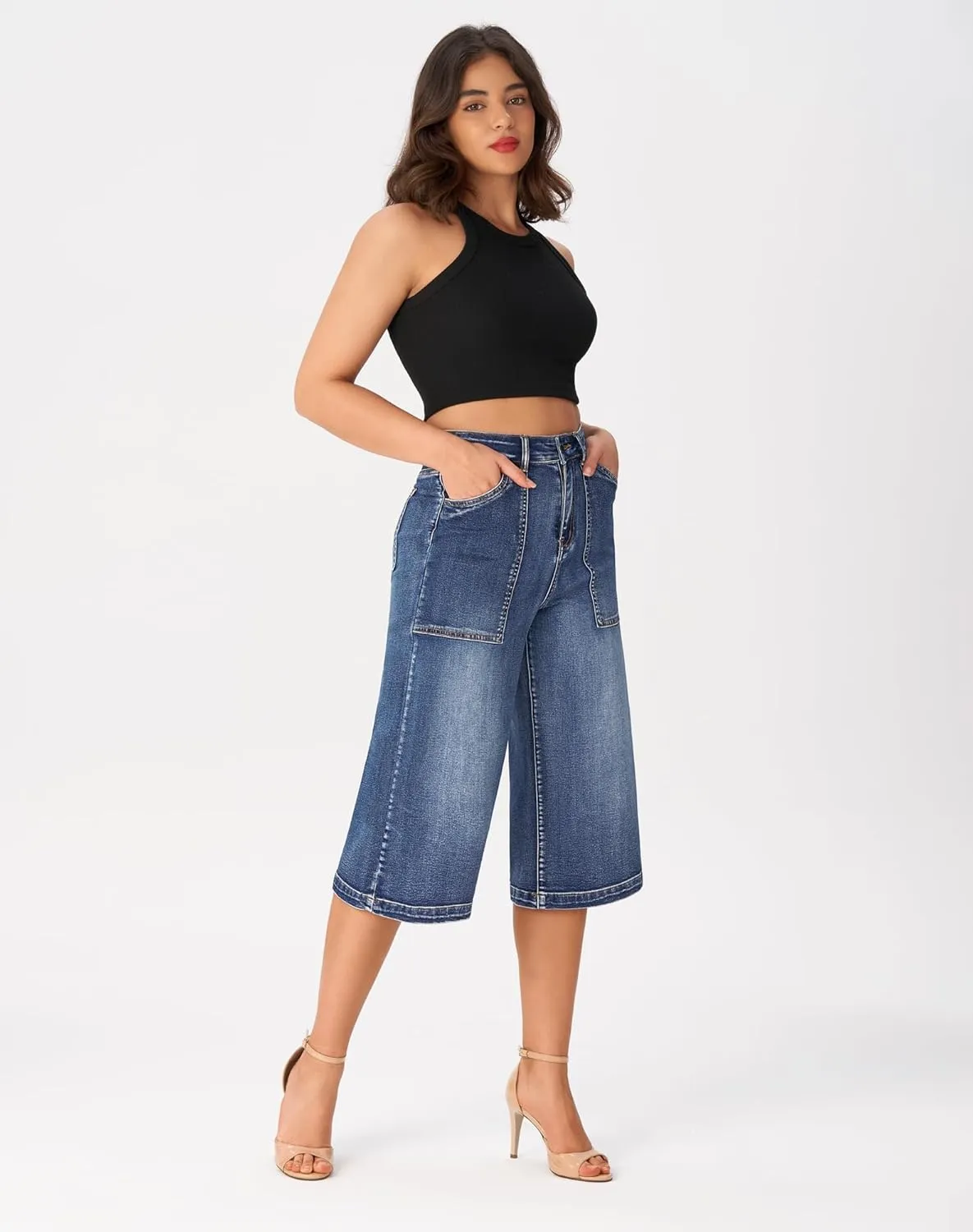 roswear Womens Wide Leg Capri Pants Stretchy High Waisted Loose Denim Jeans