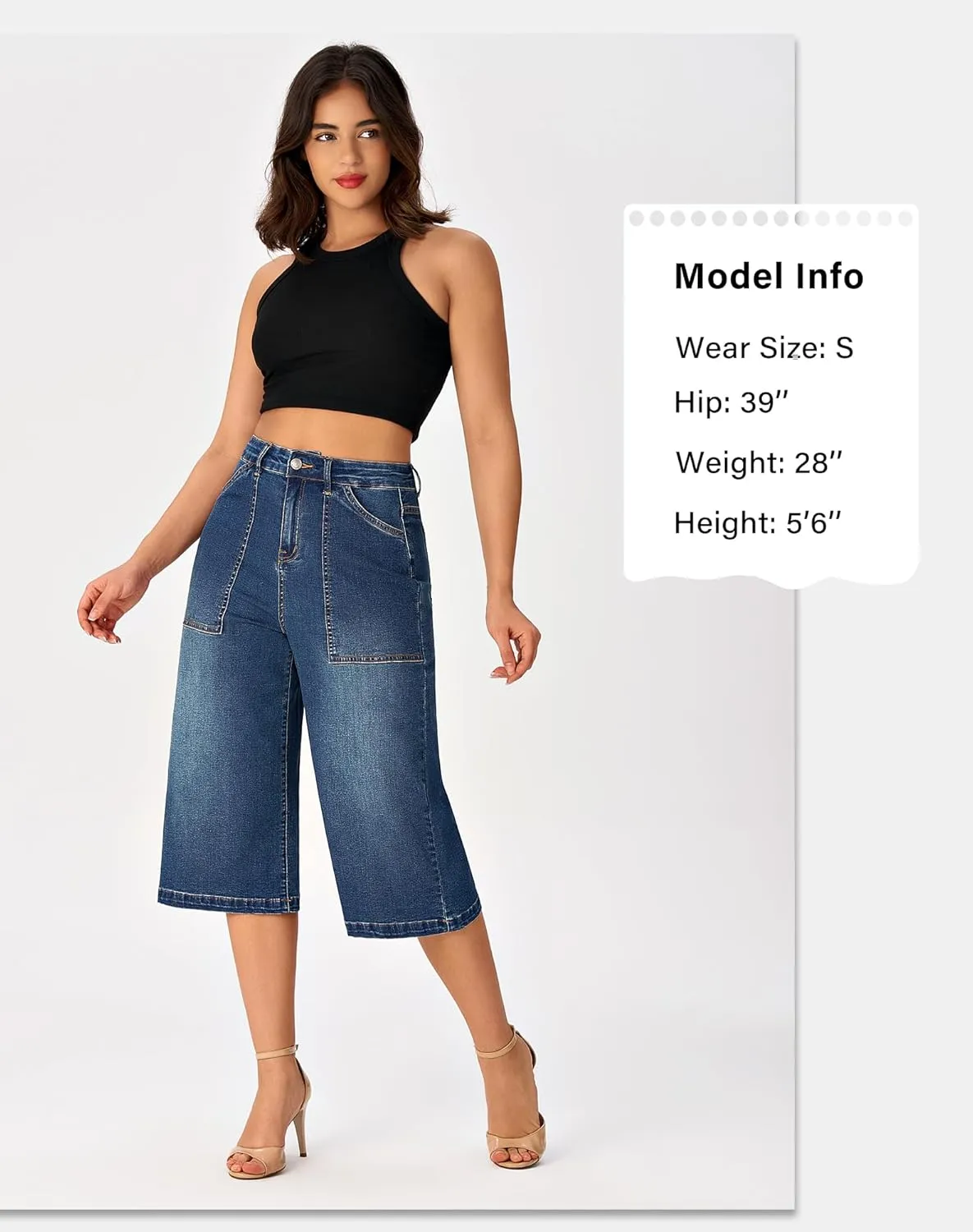 roswear Womens Wide Leg Capri Pants Stretchy High Waisted Loose Denim Jeans