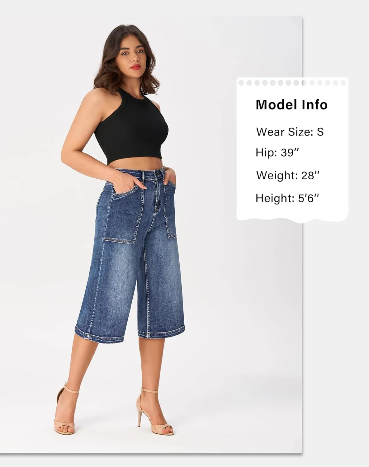 roswear Womens Wide Leg Capri Pants Stretchy High Waisted Loose Denim Jeans