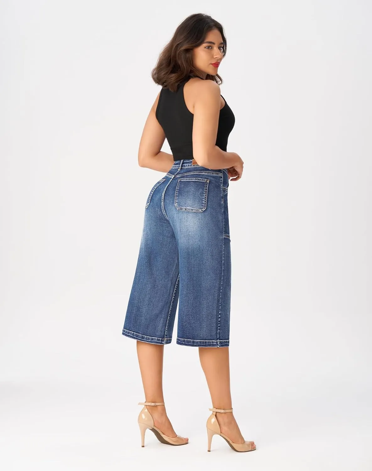 roswear Womens Wide Leg Capri Pants Stretchy High Waisted Loose Denim Jeans