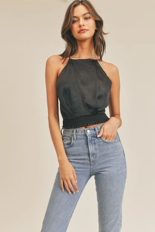 Satin Tie Back Halter Top - Black
