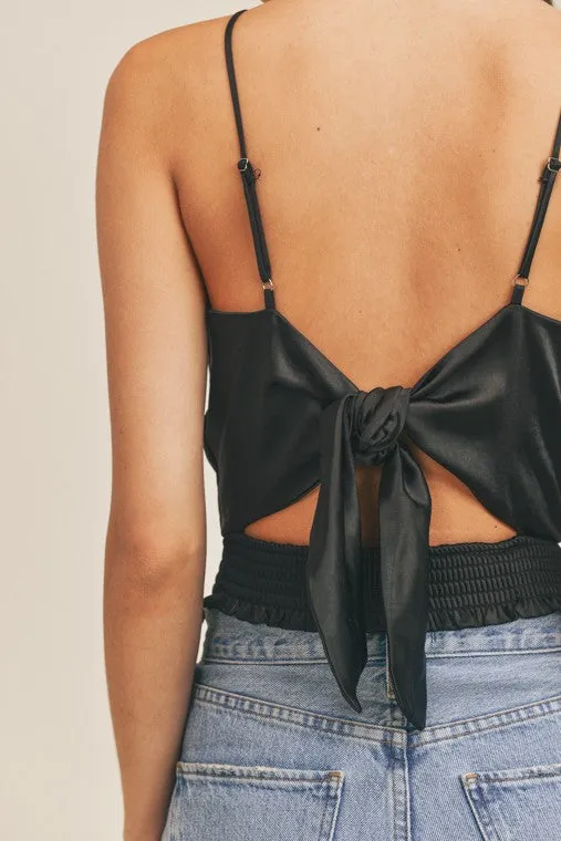 Satin Tie Back Halter Top - Black