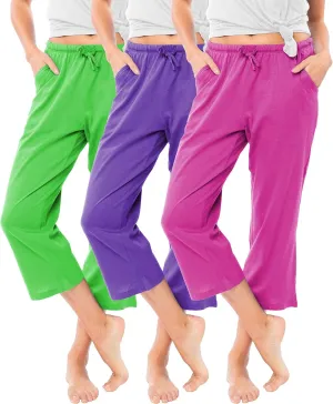 Sexy Basics Women's 3 Pack Cotton Lounge Pants | Sleep -Capri -Yoga Style Drawstring PJ Bottoms