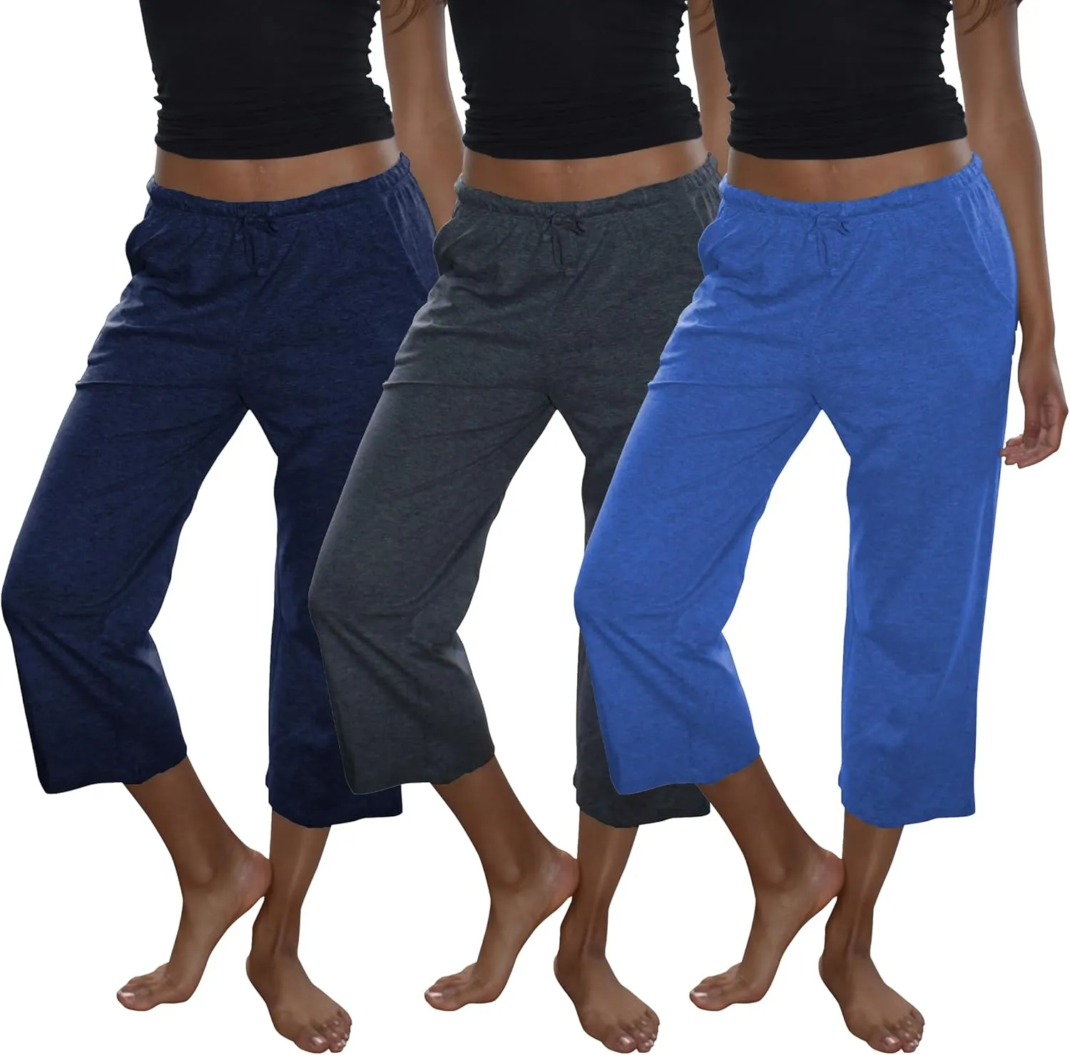 Sexy Basics Women's 3 Pack Cotton Lounge Pants | Sleep -Capri -Yoga Style Drawstring PJ Bottoms