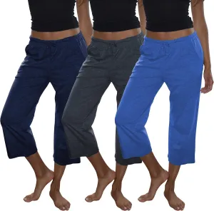 Sexy Basics Women's 3 Pack Cotton Lounge Pants | Sleep -Capri -Yoga Style Drawstring PJ Bottoms