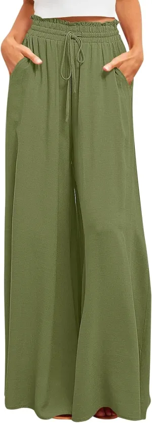 Skirt Pants for Women Wide Leg Elastic Waisted Chiffon Baggy Long Lounge Trousers Beach Vacation Pant with Pockets