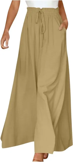 Skirt Pants for Women Wide Leg Elastic Waisted Chiffon Baggy Long Lounge Trousers Beach Vacation Pant with Pockets