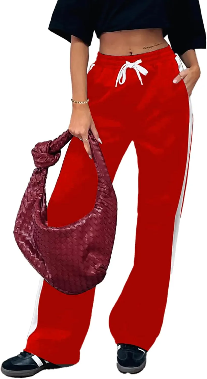 SOFIA'S CHOICE Women's Drawstring Sweatpants Side Stripe Pants Wide Leg Track Pants with Pockets