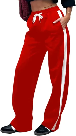 SOFIA'S CHOICE Women's Drawstring Sweatpants Side Stripe Pants Wide Leg Track Pants with Pockets